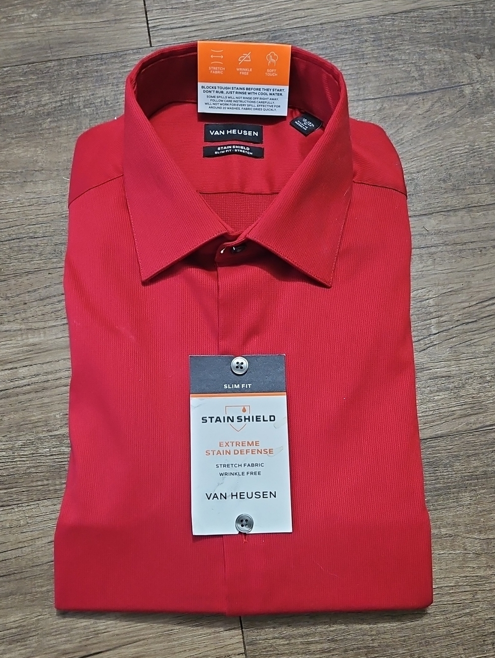 NWT Van Heusen Bold Red Slim Fit Dress Shirt | Stain-Shield Stretch , Size Med.
